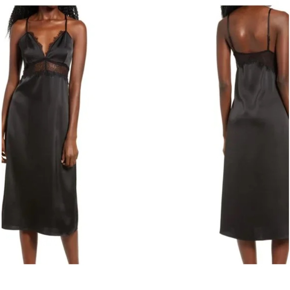 Wayf Black Satin Slip Dress with Lace Trim
NWT